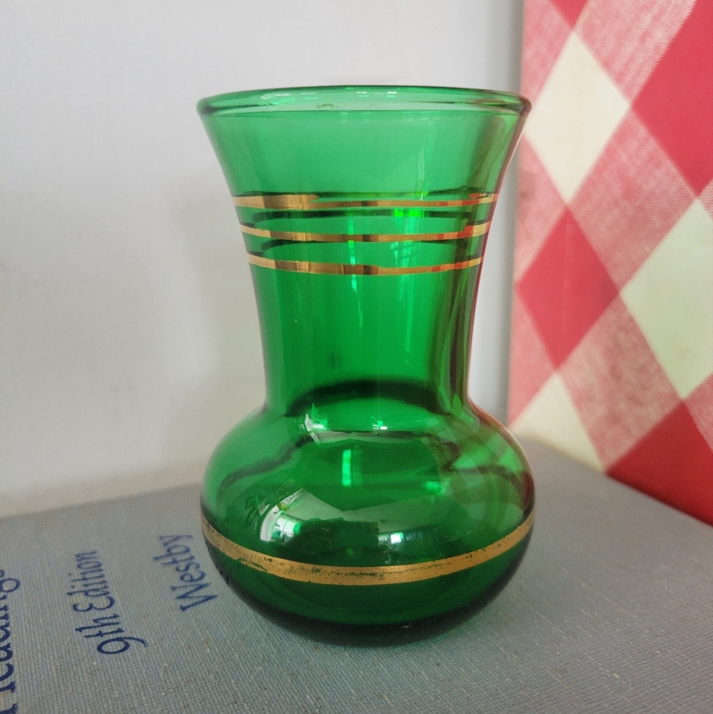 Green Anchor Hocking Bud Vase with Gold Accents